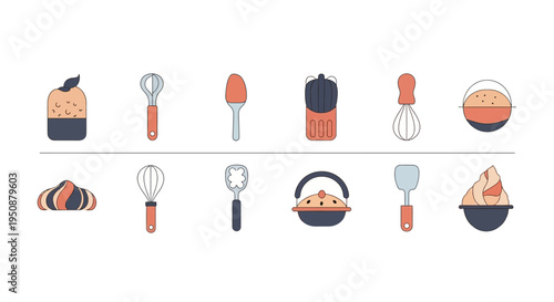 Baking icons including muffins, utensils, and mixing bowls on a kitchen counter.