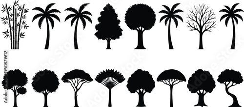 Collection of sixteen tree and plant silhouettes, vector illustration of bamboo, palm, coniferous, deciduous trees with varied foliage, flat vector illustration