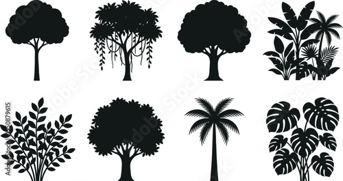 Collection of eight tree and plant silhouettes, vector illustration of palm, deciduous, tropical, monstera plants with varied foliage, flat vector illustration
