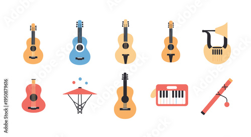 Musical instruments icons showcase various guitars and a piano on a white background