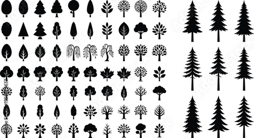 Collection of sixteen tree silhouettes, vector illustration of coniferous, deciduous, palm, broadleaf trees with varied foliage styles, flat vector illustration