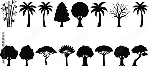 Collection of tree and plant silhouettes, vector illustration of bamboo, palm, deciduous, broadleaf trees with varied foliage styles, flat vector illustration