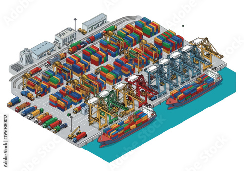 A bustling maritime shipping port with cargo containers and cranes loading ships