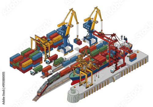 Industrial shipping port with cargo cranes, containers, and trains for global logistics and freight transport
