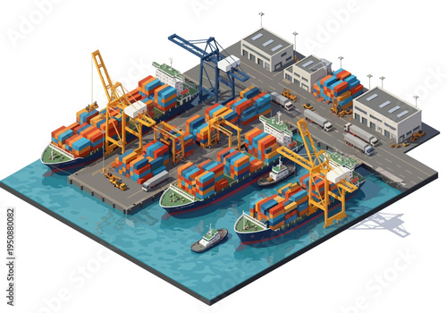 Vast International Shipping Port with Cargo Ships and Cranes Facilitating Global Trade and Logistics Operations