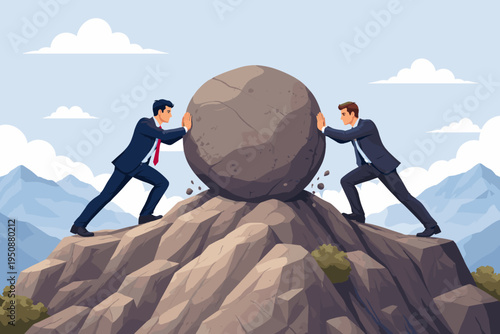 Two businessmen in formal suits pushing a massive stone boulder against each other on a mountain peak, symbolizing intense competition, conflict, struggle, and business rivalry in a vector.