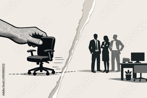 Conceptual illustration of workplace exclusion and job removal showing a large halftone hand dragging an office chair away from a group of business professionals in a corporate office setting.