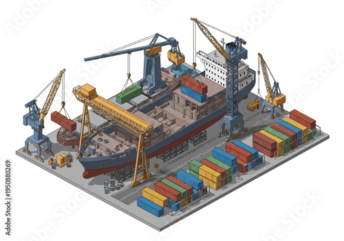Industrial shipyard with cargo ships, cranes, and containers for global logistics and maritime trade