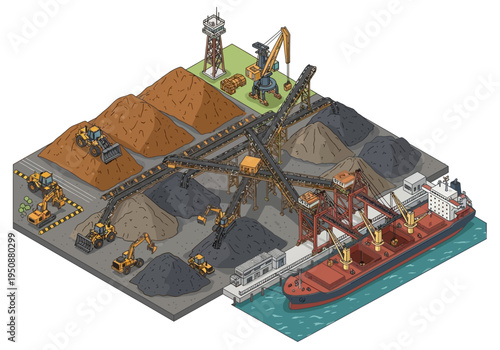 Industrial port facility with cargo ships, cranes, and bulk materials processing