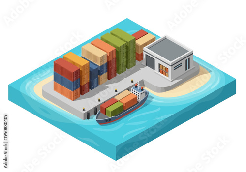 Illustration of a shipping port with containers and a cargo ship docked at the pier, a building and blue water surrounding the island