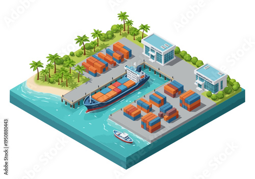 Isometric view of a busy shipping port with cargo containers, a large vessel, and buildings