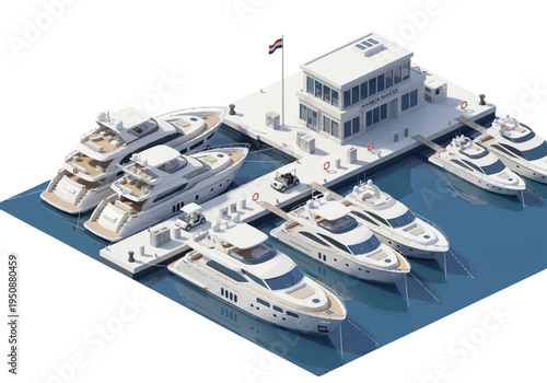 Luxury yachts docked in a modern marina with a clubhouse on a sunny day