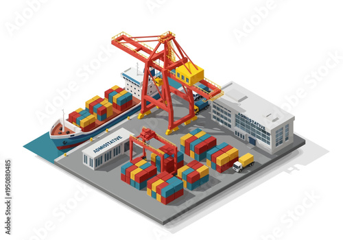 Isometric view of a bustling shipping port with cargo containers, cranes, and a ship