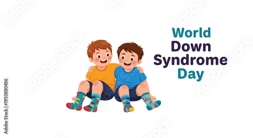 Illustration of two children sitting together in support of World Down Syndrome Day with colorful socks, promoting awareness and inclusion.