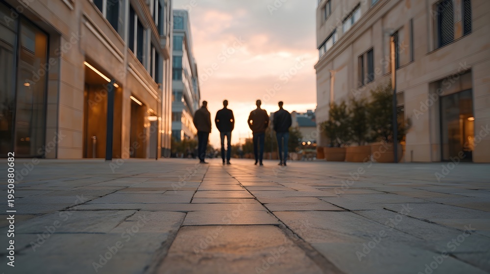 Obraz premium Low angle view of four silhouetted people walking down an urban street bathed in warm sunset light