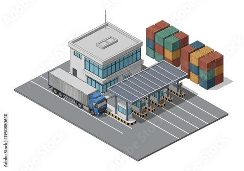 Isometric view of a truck passing through a customs checkpoint with shipping containers stacked nearby