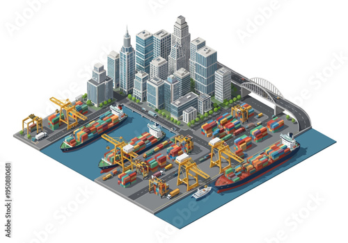 Isometric view of a bustling port city with cargo ships, cranes, and skyscrapers