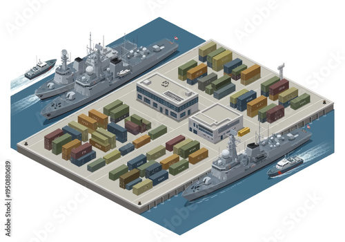 Isometric view of a bustling shipping port with cargo ships and containers on a pier