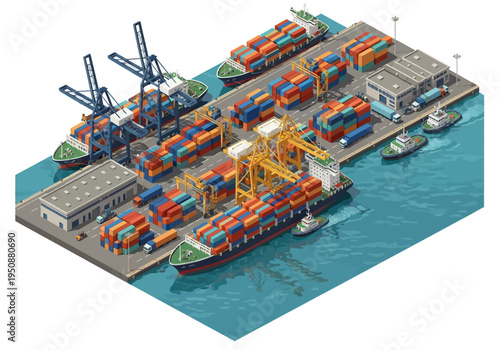 Isometric view of a busy shipping port with container ships, cranes, and tugboats