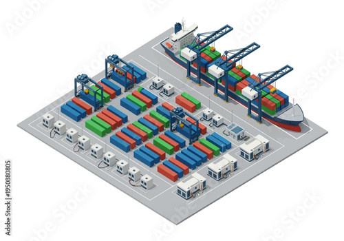 Isometric view of a busy shipping port with cargo cranes, containers, and a large vessel ready for loading and unloading operations