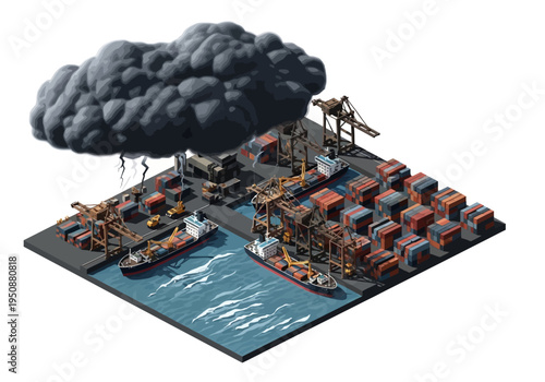 Industrial port with cargo ships and cranes under a stormy sky