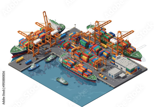 Busy Port Scene with Container Ships and Cranes Loading Cargo