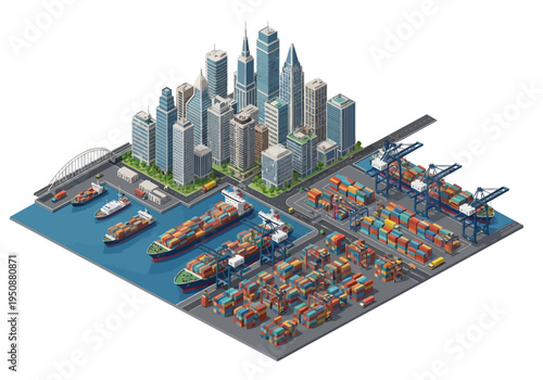 Modern cityscape with bustling port featuring cargo ships and cranes, symbolizing global trade and logistics