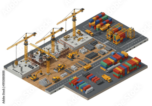 Isometric construction site with cranes, machinery, and shipping containers