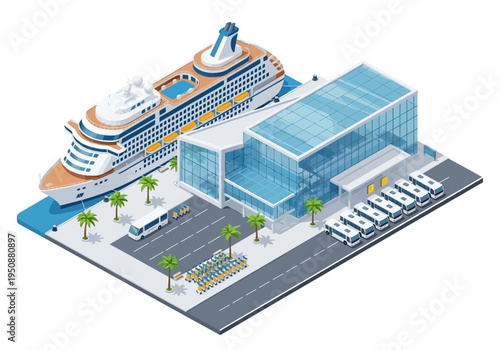 Isometric view of a cruise ship docked at a modern terminal with buses and palm trees