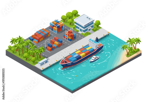 Isometric view of a busy cargo port with ships, containers, and a crane, showcasing global logistics and shipping operations