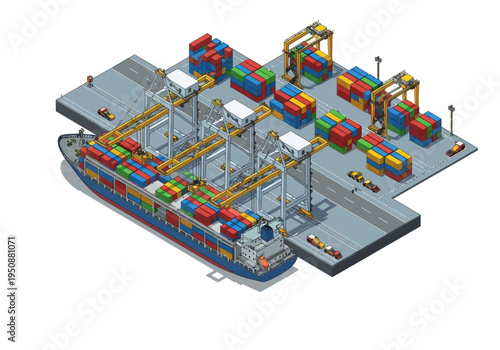 Isometric view of a bustling cargo port with a container ship and cranes