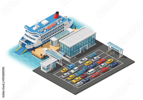 Isometric view of a ferry terminal with cars boarding a large passenger ship
