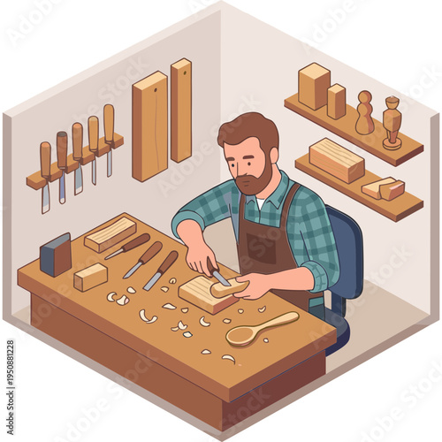 A man works on a wooden project in a workshop with tools around.