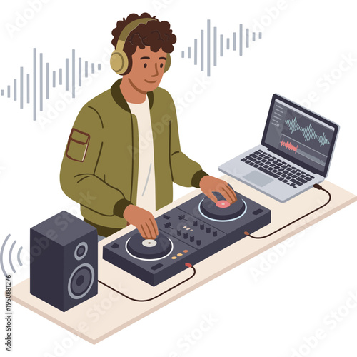 A young man wearing headphones operates a DJ controller and laptop in a studio.