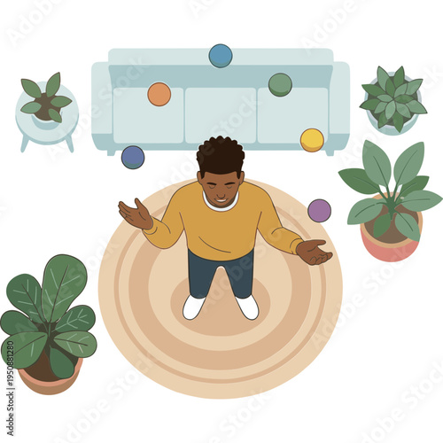 Man juggling balls on a rug surrounded by plants in a living room