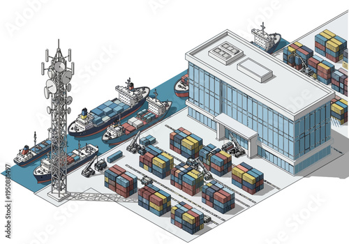 Industrial Shipping Port with Cargo Ships, Cranes, and Communication Towers