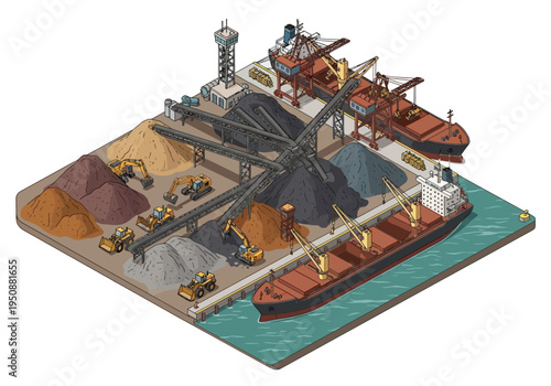 Industrial port with bulk cargo ships, excavators, and raw material stockpiles