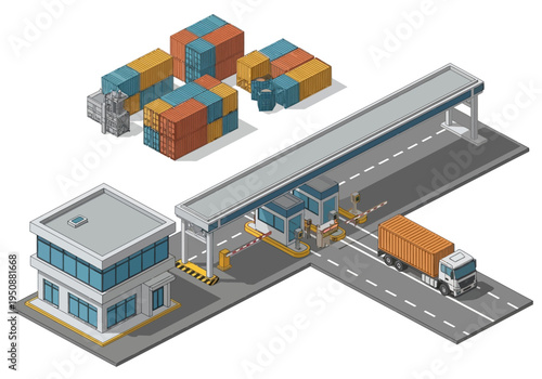 Logistics and transportation hub with shipping containers, trucks, and security checkpoint
