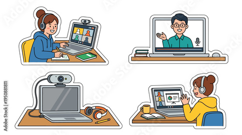 Illustrations of people engaged in online learning and video conferencing using laptops and headphones for remote education and virtual meetings.