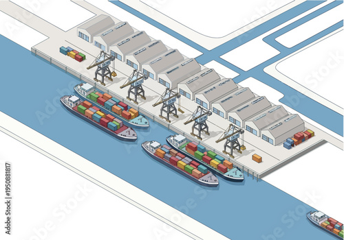 Industrial Shipping Port with Cargo Ships and Cranes