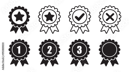 Award Ribbon Icon Set – Black-and-White Silhouette Medals, Stars, Checkmarks, and Podium Ranking Badges for Gamification and Certification