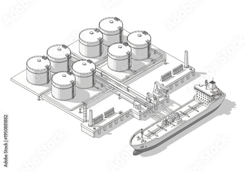 Industrial facility with large storage tanks and a cargo ship docked at a pier for transport