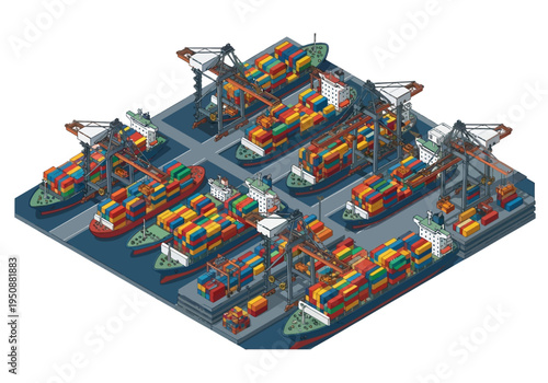 Container ships docked at a busy international port with cranes and cargo