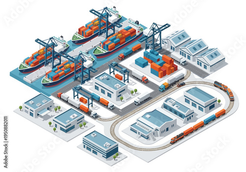 Isometric industrial port with cargo ships, cranes, trains, and warehouses for logistics and shipping industry
