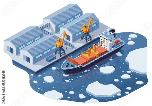 Industrial port with cargo ship docked amidst icy waters and cranes, representing maritime trade and logistics
