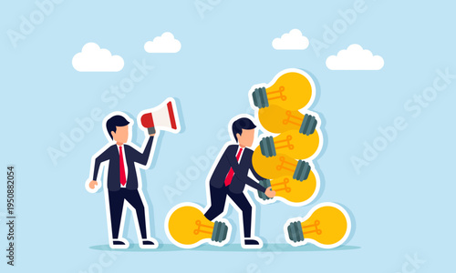Businessman using megaphone giving instructions to another businessman lifting stack of light bulbs illustration of leadership encouraging creativity ideas and business innovation