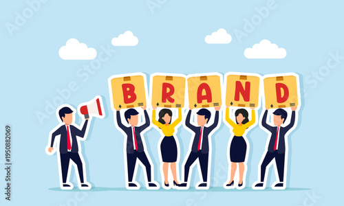 Businessman using megaphone giving instructions to several businessmen stacking boxes to form brand text illustration of teamwork collaboration to build business branding