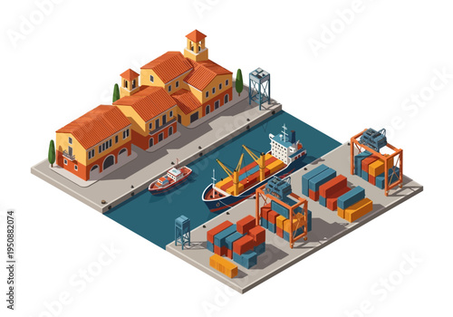 Isometric illustration of a bustling shipping port with cargo containers and ships docked at the quay