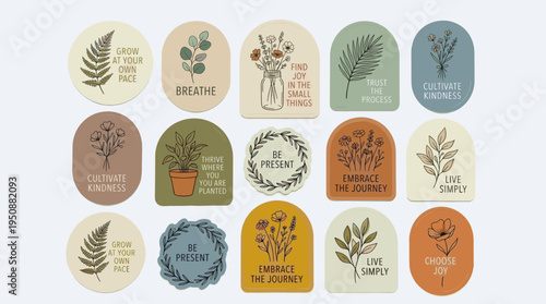 Inspirational Botanical Stickers: Uplifting Phrases, Minimalist Design