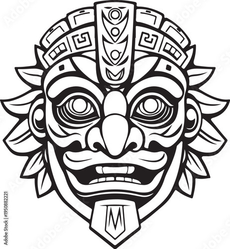 Ancient Maya Mask Hand-drawn Sketch Drawing Vector Illustration, Line Linear Symbol Black and White Engraving, Isolated